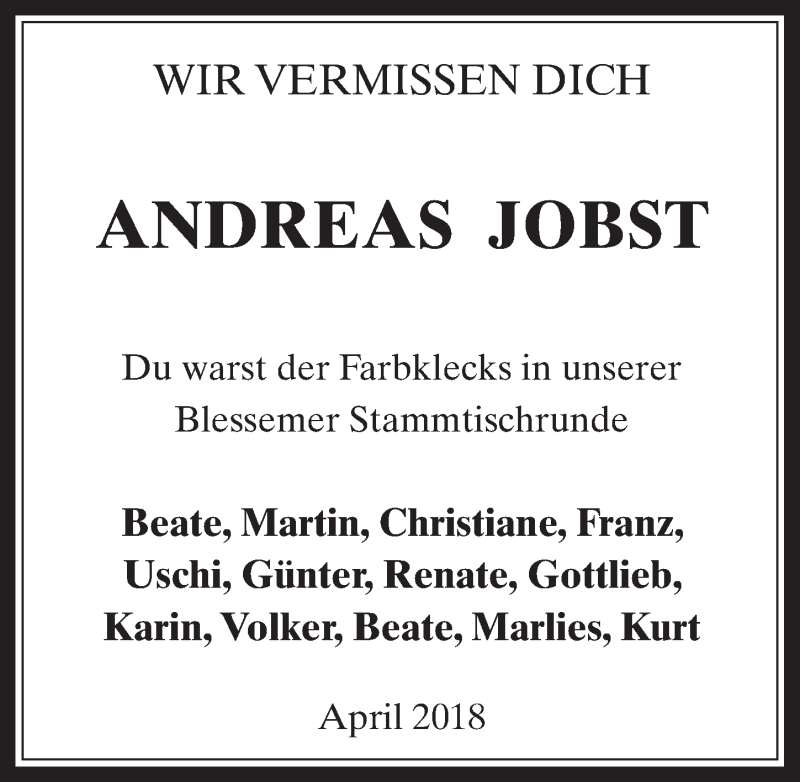  Traueranzeige für Andreas Jobst vom 18.04.2018 aus  Werbepost 