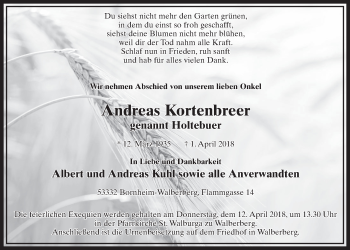 Anzeige von Andreas Kortenbreer von  Schlossbote/Werbekurier 