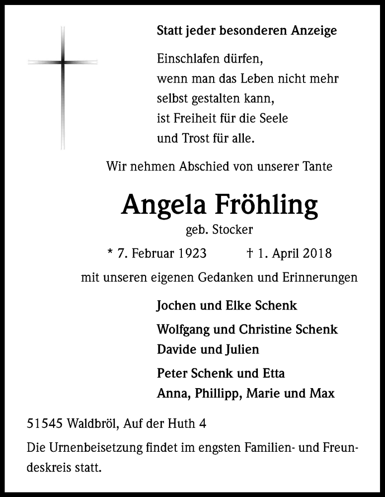  Traueranzeige für Angela Fröhling vom 14.04.2018 aus Kölner Stadt-Anzeiger / Kölnische Rundschau / Express