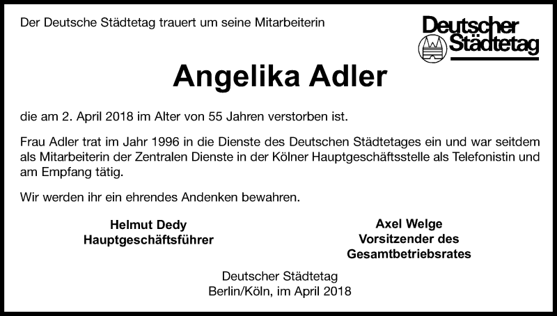  Traueranzeige für Angelika Adler vom 12.04.2018 aus Kölner Stadt-Anzeiger / Kölnische Rundschau / Express