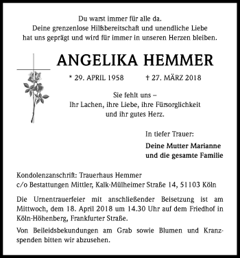 Anzeige von Angelika Hemmer von Kölner Stadt-Anzeiger / Kölnische Rundschau / Express