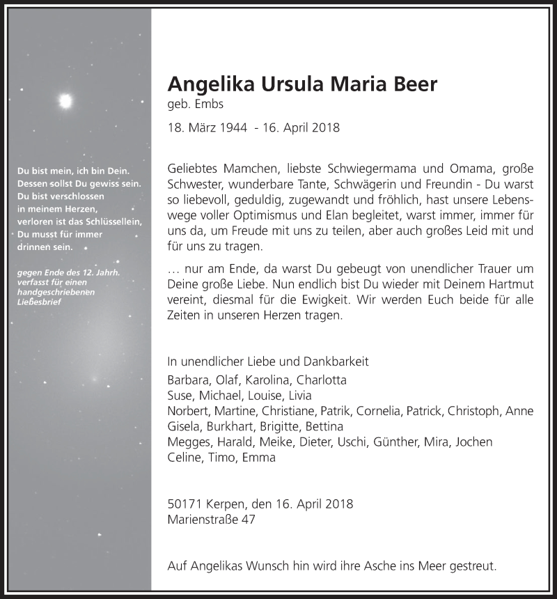  Traueranzeige für Angelika Ursula Maria Beer vom 25.04.2018 aus  Werbepost 
