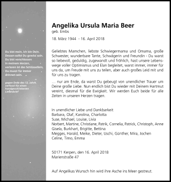 Anzeige von Angelika Ursula Maria Beer von Kölner Stadt-Anzeiger / Kölnische Rundschau / Express