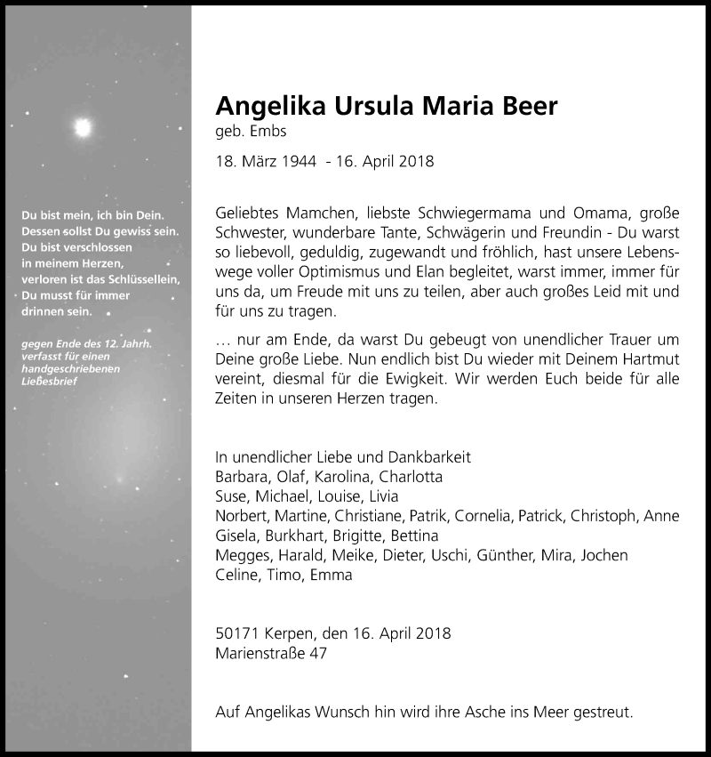  Traueranzeige für Angelika Ursula Maria Beer vom 21.04.2018 aus Kölner Stadt-Anzeiger / Kölnische Rundschau / Express