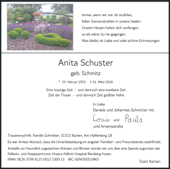 Anzeige von Anita Schuster von Kölner Stadt-Anzeiger / Kölnische Rundschau / Express