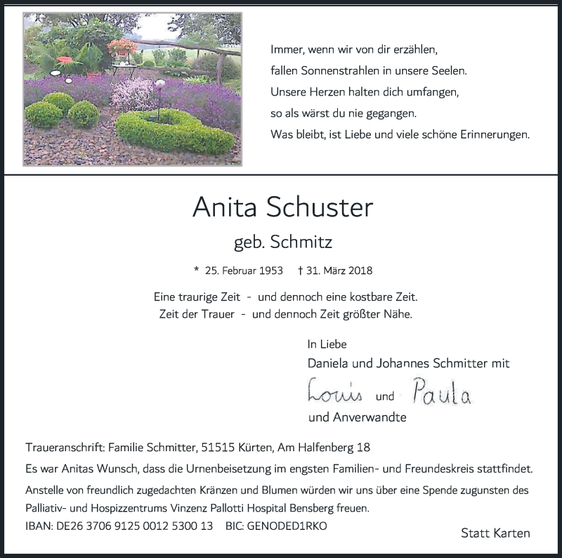  Traueranzeige für Anita Schuster vom 05.04.2018 aus Kölner Stadt-Anzeiger / Kölnische Rundschau / Express