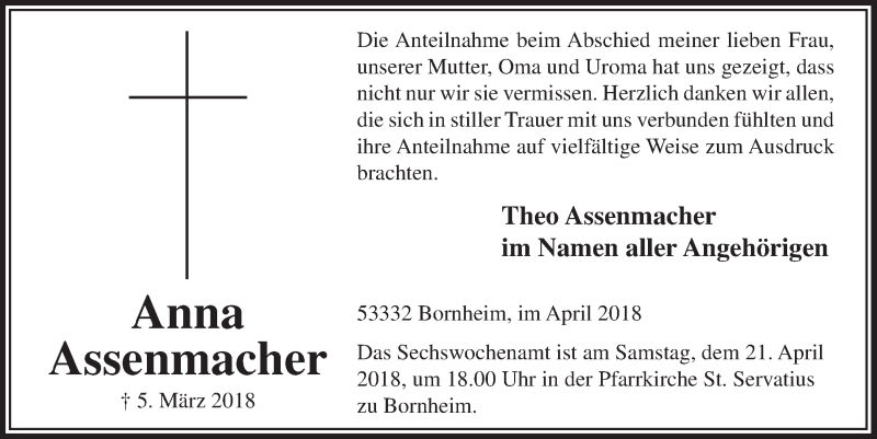  Traueranzeige für Anna Assenmacher vom 11.04.2018 aus  Schaufenster/Blickpunkt 