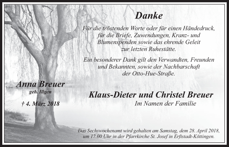  Traueranzeige für Anna Breuer vom 18.04.2018 aus  Werbepost 