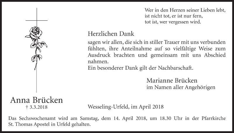  Traueranzeige für Anna Brücken vom 11.04.2018 aus  Schlossbote/Werbekurier 