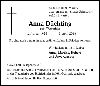 Anzeige von Anna Düchting von Kölner Stadt-Anzeiger / Kölnische Rundschau / Express