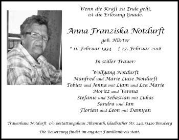 Anzeige von Anna Franziska Notdurft von Kölner Stadt-Anzeiger / Kölnische Rundschau / Express