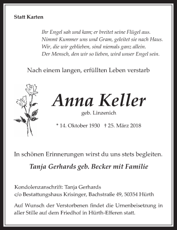 Anzeige von Anna Keller von  Wochenende 