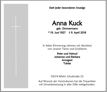 Anzeige von Anna Kuck von  Anzeigen Echo 