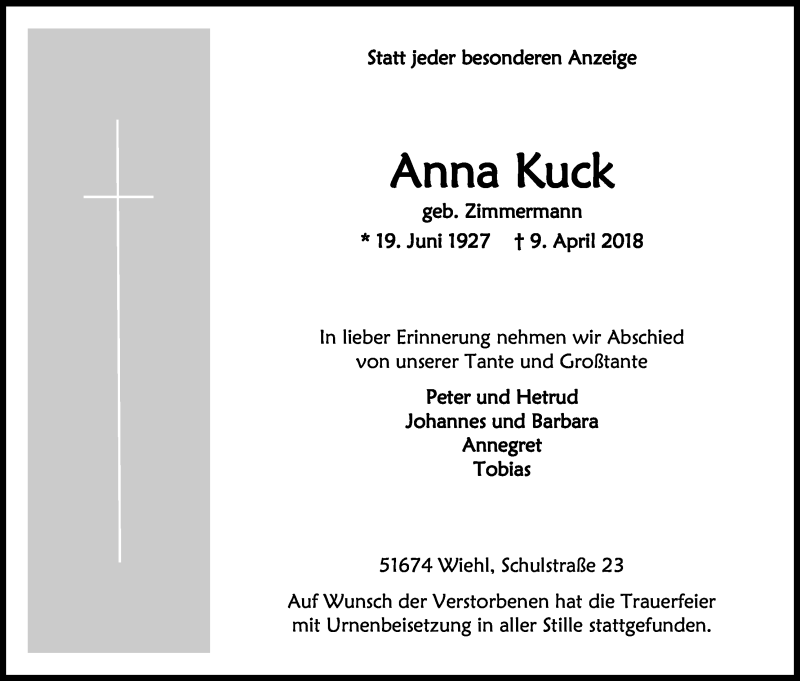  Traueranzeige für Anna Kuck vom 28.04.2018 aus Kölner Stadt-Anzeiger / Kölnische Rundschau / Express