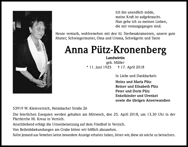  Traueranzeige für Anna Pütz-Kronenberg vom 21.04.2018 aus Kölner Stadt-Anzeiger / Kölnische Rundschau / Express