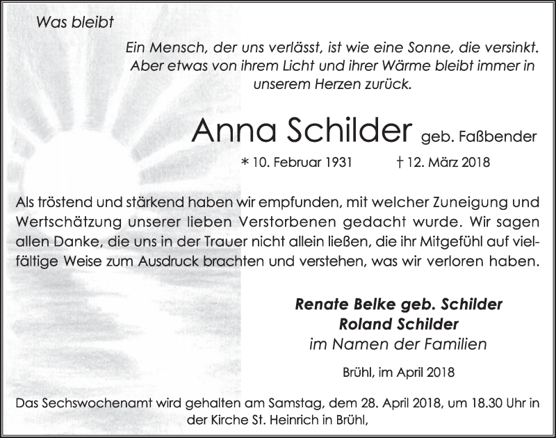  Traueranzeige für Anna Schilder vom 18.04.2018 aus  Schlossbote/Werbekurier 