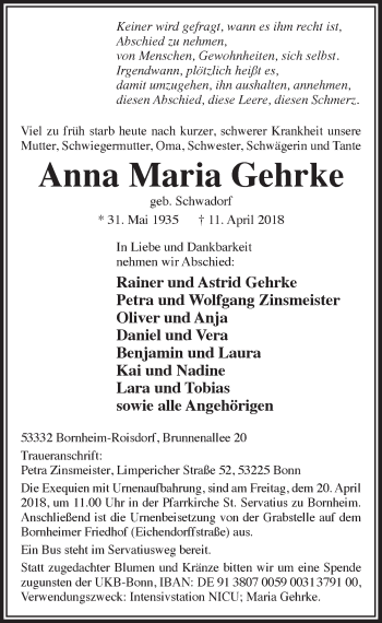 Anzeige von Anna Maria Gehrke von  Schaufenster/Blickpunkt 