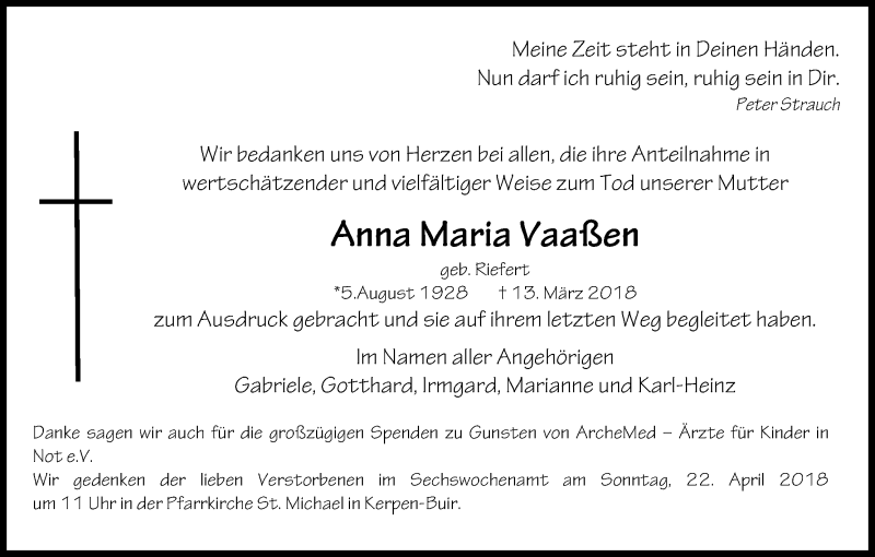  Traueranzeige für Anna Maria Vaaßen vom 11.04.2018 aus Kölner Stadt-Anzeiger / Kölnische Rundschau / Express