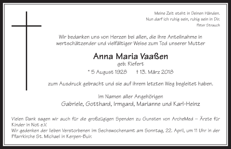  Traueranzeige für Anna Maria Vaaßen vom 11.04.2018 aus  Werbepost 