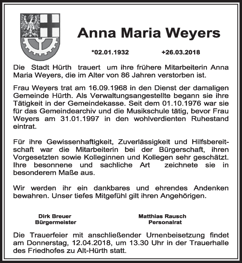  Traueranzeige für Anna Maria Weyers vom 07.04.2018 aus  Sonntags-Post 