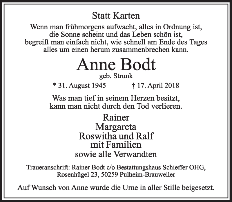  Traueranzeige für Anne Bodt vom 28.04.2018 aus  Sonntags-Post 