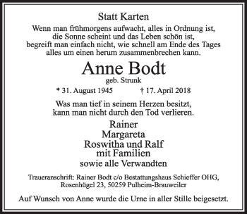 Anzeige von Anne Bodt von  Sonntags-Post 