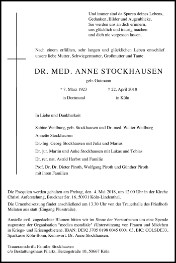 Anzeige von Anne  Stockhausen von Kölner Stadt-Anzeiger / Kölnische Rundschau / Express