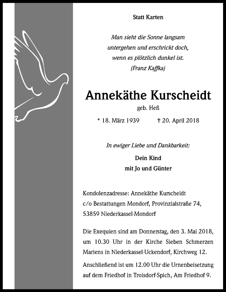  Traueranzeige für Annekäthe Kurscheidt vom 28.04.2018 aus Kölner Stadt-Anzeiger / Kölnische Rundschau / Express