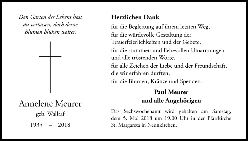  Traueranzeige für Annelene Meurer vom 25.04.2018 aus Kölner Stadt-Anzeiger / Kölnische Rundschau / Express