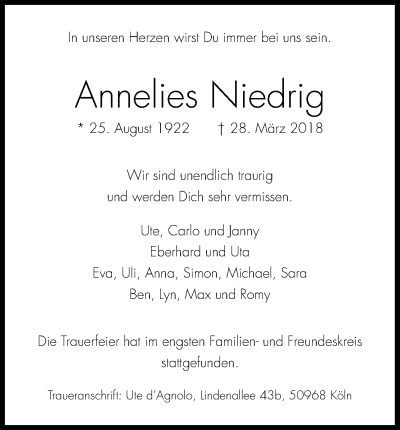 Traueranzeige für Annelies Niedrig vom 21.04.2018 aus Kölner Stadt-Anzeiger / Kölnische Rundschau / Express