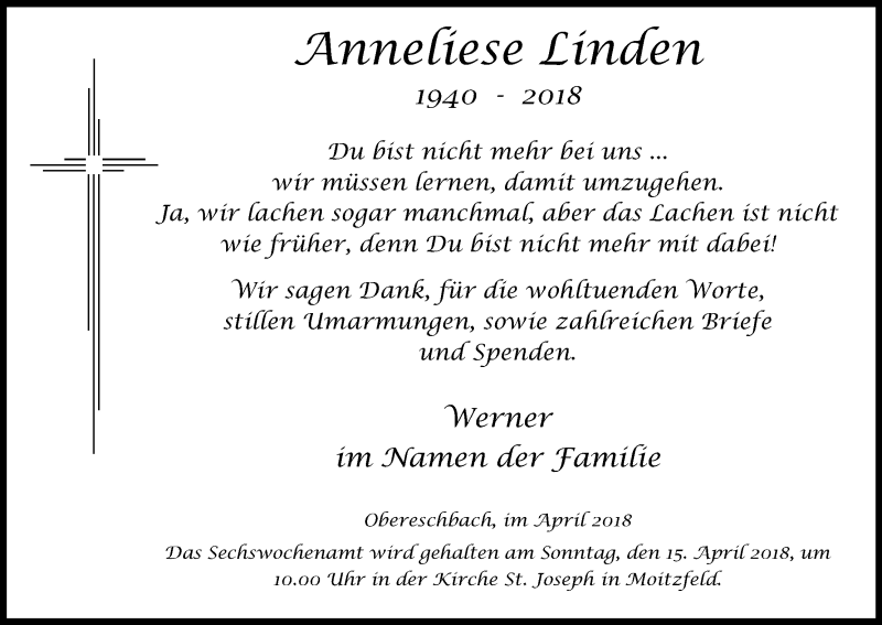 Traueranzeige für Anneliese Linden vom 07.04.2018 aus Kölner Stadt-Anzeiger / Kölnische Rundschau / Express