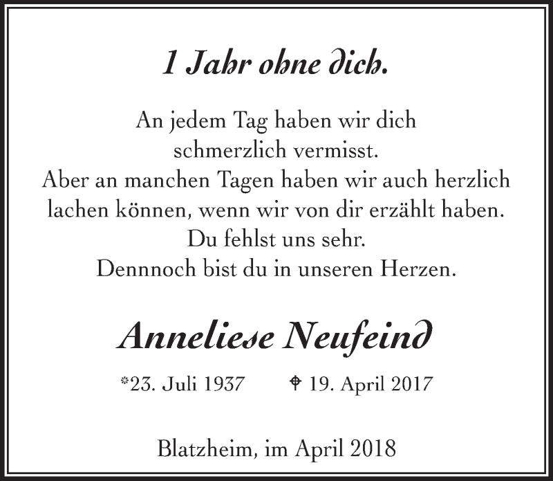  Traueranzeige für Anneliese Neufeind vom 18.04.2018 aus  Werbepost 