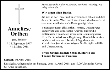 Anzeige von Anneliese Orthen von Kölner Stadt-Anzeiger / Kölnische Rundschau / Express