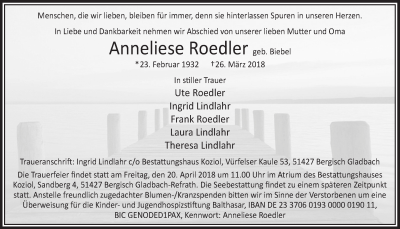  Traueranzeige für Anneliese Roedler vom 14.04.2018 aus  Bergisches Sonntagsblatt 