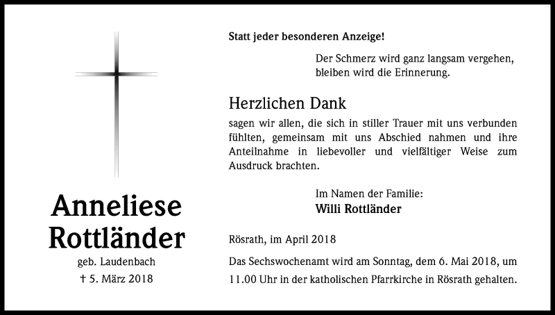  Traueranzeige für Anneliese Rottländer vom 28.04.2018 aus Kölner Stadt-Anzeiger / Kölnische Rundschau / Express