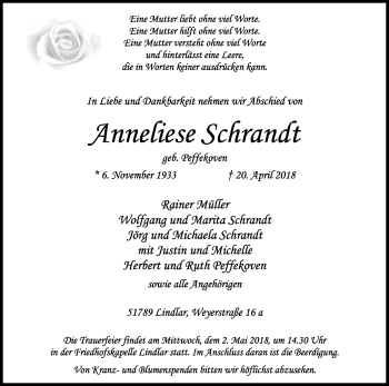Anzeige von Anneliese Schrandt von Kölner Stadt-Anzeiger / Kölnische Rundschau / Express