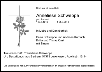Anzeige von Anneliese Schweppe von Kölner Stadt-Anzeiger / Kölnische Rundschau / Express