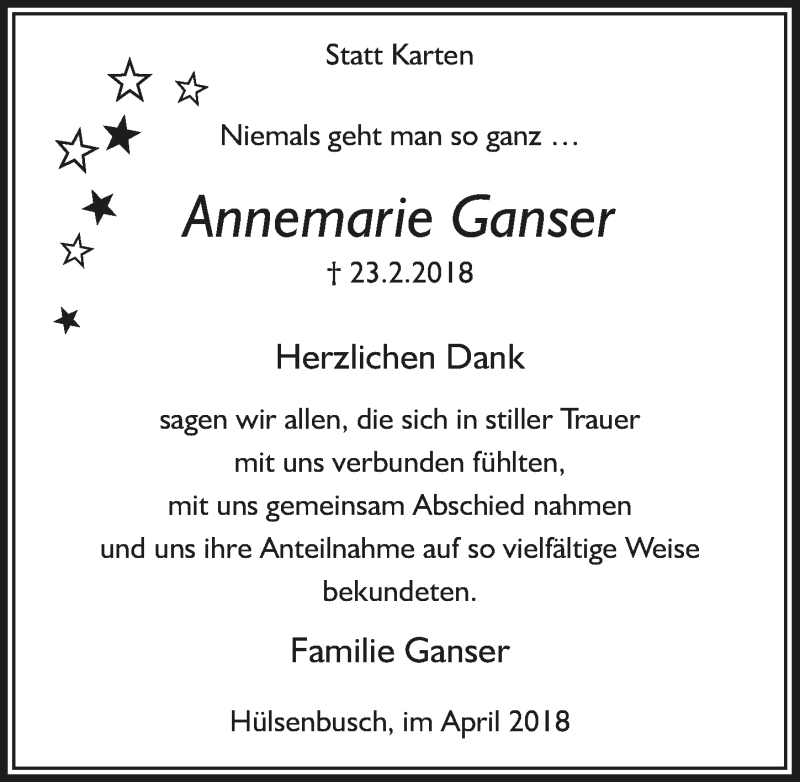  Traueranzeige für Annemarie Ganser vom 25.04.2018 aus  Anzeigen Echo 