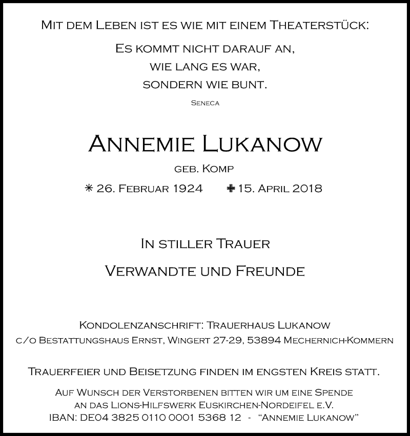  Traueranzeige für Annemie Lukanow vom 21.04.2018 aus Kölner Stadt-Anzeiger / Kölnische Rundschau / Express