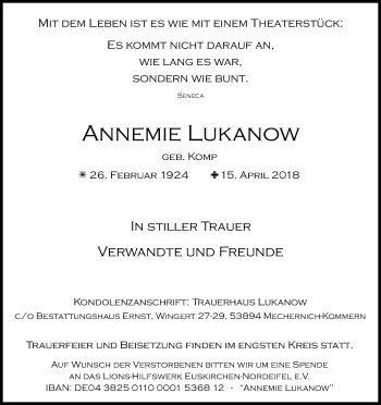 Anzeige von Annemie Lukanow von Kölner Stadt-Anzeiger / Kölnische Rundschau / Express