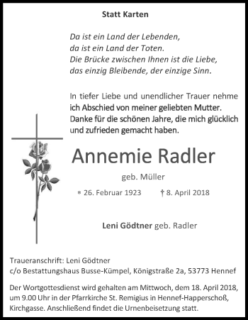 Anzeige von Annemie Radler von Kölner Stadt-Anzeiger / Kölnische Rundschau / Express