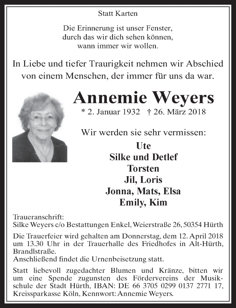  Traueranzeige für Annemie Weyers vom 04.04.2018 aus  Wochenende 