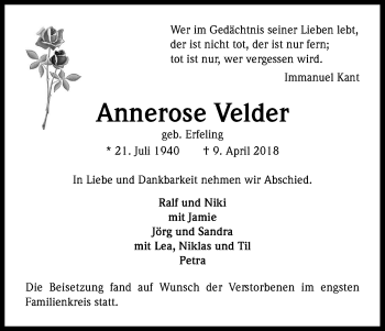 Anzeige von Annerose Velder von Kölner Stadt-Anzeiger / Kölnische Rundschau / Express