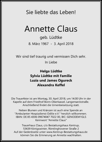 Anzeige von Annette Claus von Kölner Stadt-Anzeiger / Kölnische Rundschau / Express