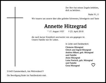 Anzeige von Annette Hitzegrad von Kölner Stadt-Anzeiger / Kölnische Rundschau / Express