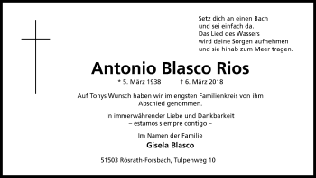 Anzeige von Antonio  Blasco Rios von Kölner Stadt-Anzeiger / Kölnische Rundschau / Express