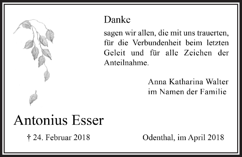 Traueranzeige für Antonius Esser vom 11.04.2018 aus  Bergisches Handelsblatt 