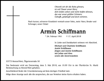 Anzeige von Armin Schiffmann von Kölner Stadt-Anzeiger / Kölnische Rundschau / Express