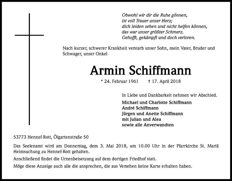  Traueranzeige für Armin Schiffmann vom 28.04.2018 aus Kölner Stadt-Anzeiger / Kölnische Rundschau / Express