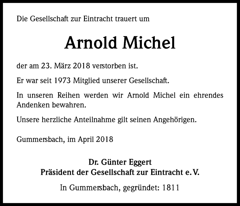 Traueranzeige für Arnold Michel vom 07.04.2018 aus Kölner Stadt-Anzeiger / Kölnische Rundschau / Express